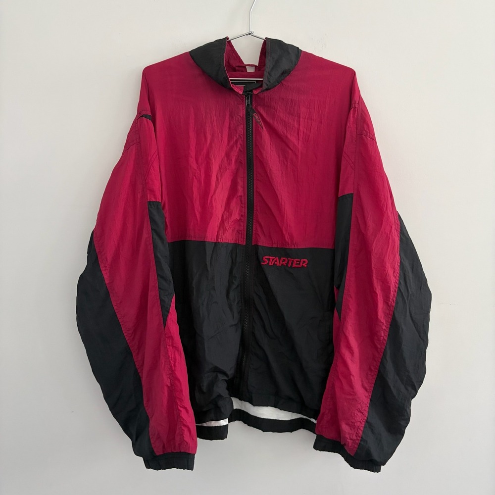 Vintage Starter Windbreaker Jacket Mens XXL Red Black Colorblock Full Zip 90s